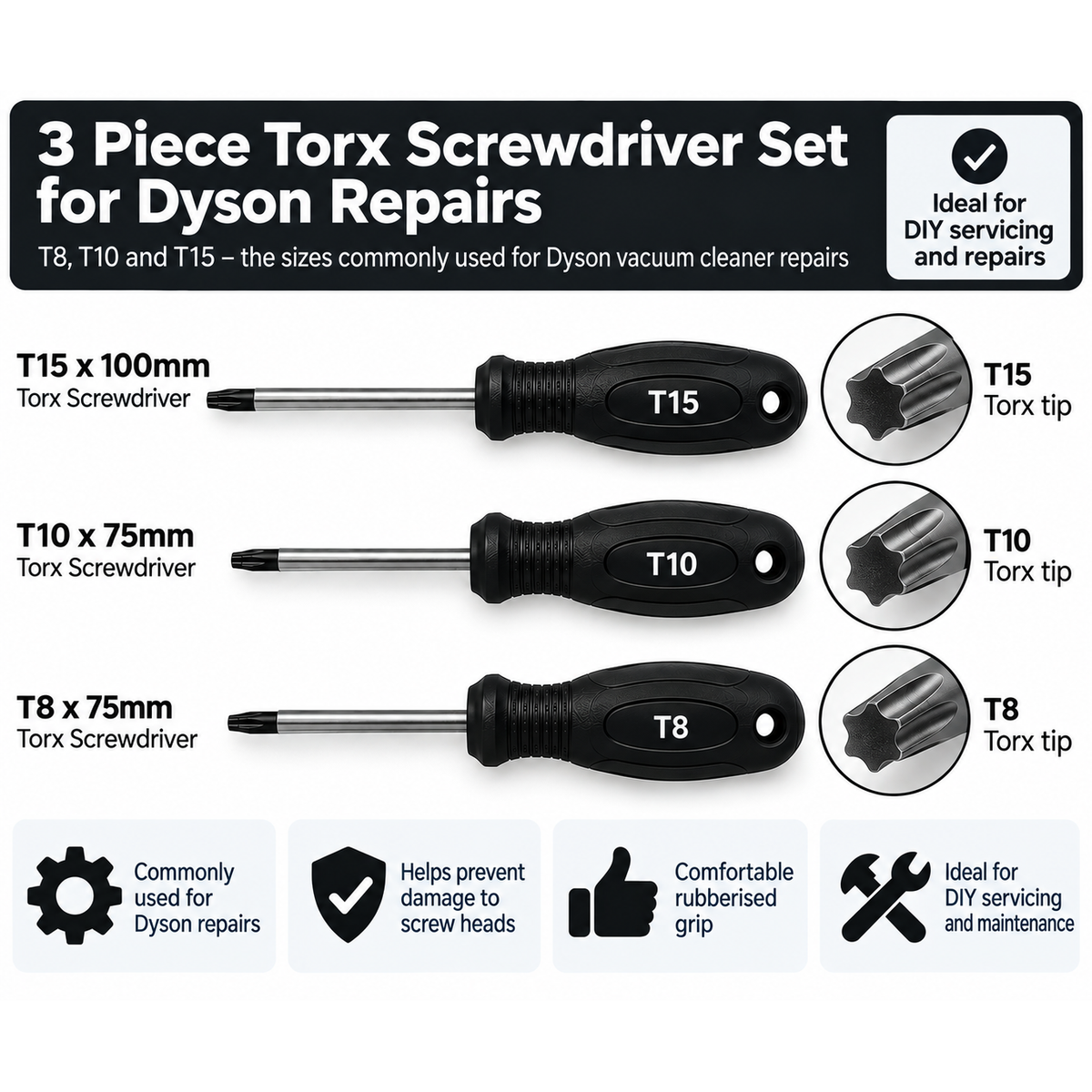 Torx Screwdriver Set for Dyson Repairs T8 T10 T15